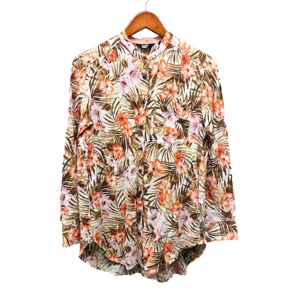Lands End Floral Linen Button Down Shirt Womens S Multicolor Tropical Vacation